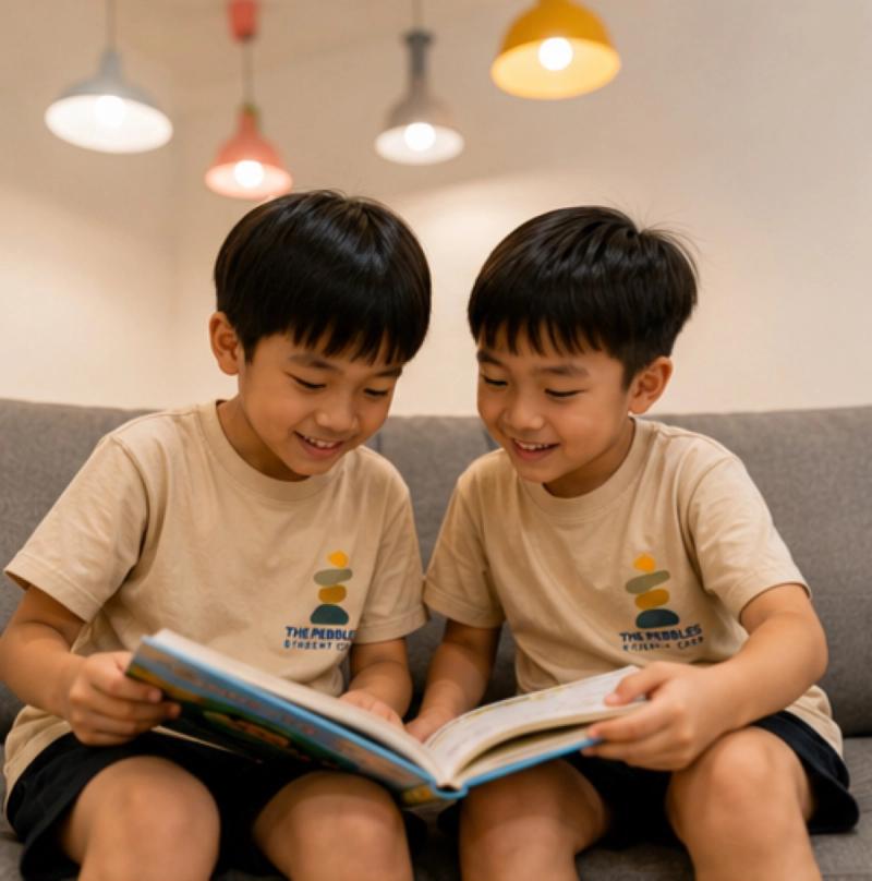 Two Pebbles students reading together on the couch